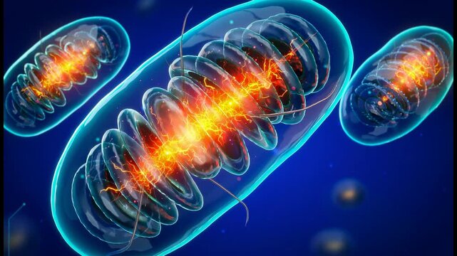 Detailed 3D illustration of mitochondria with glowing energy production in blue cellular environment