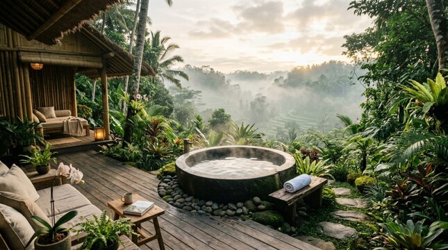 Luxury Outdoor Stone Hot Tub on a Bamboo Villa Terrace Overlooking Misty Tropical Jungle at Sunrise