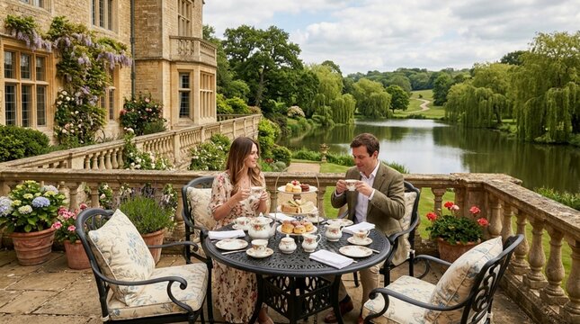 Elegant Couple Enjoying Traditional Afternoon Tea on a Historic Manor Terrace Overlooking a Lake