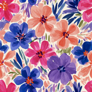 Whimsical garden seamless pattern with simple five petal flowers in vibrant pink, purple, and blue hues