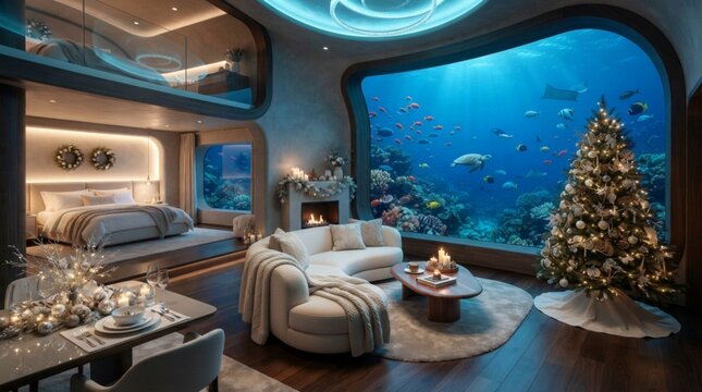 Luxurious Underwater Hotel Suite Interior with Christmas Tree and Panoramic View of Coral Reef Life