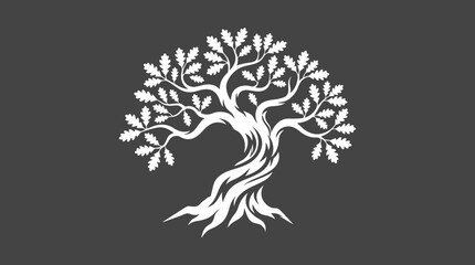 Fototapeta premium Minimalist white oak tree silhouette with twisted trunk on dark grey background