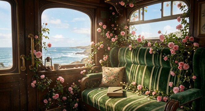 Cozy vintage train interior decorated with pink climbing roses overlooking the ocean