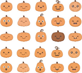 Fototapeta premium Hand-drawn orange pumpkin faces set with happy and spooky expressions for Halloween decor and crafts