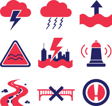 Flood Warning and Storm Emergency Icon Set &ndash; Rising Water, Lightning, Road Damage and Hazard Vector
