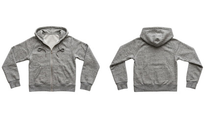 Grey heather zip up hoodie sweatshirt mockup with front and back views for apparel brand clothing design display isolated on a transparent background for editing © ATIQULISLAM