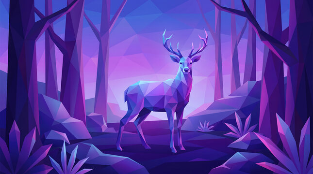 Low Poly Geometric Deer in a Magical Neon Purple Forest