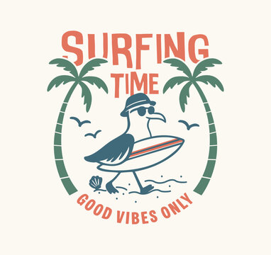 surfing time slogan with seagull riding surfboard and tropical palm trees vector illustration