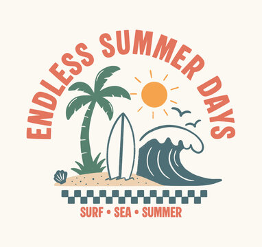 endless summer slogan with palm tree, surfboard, ocean wave, sunshine and tropical beach vector illustration for apparel and poster design