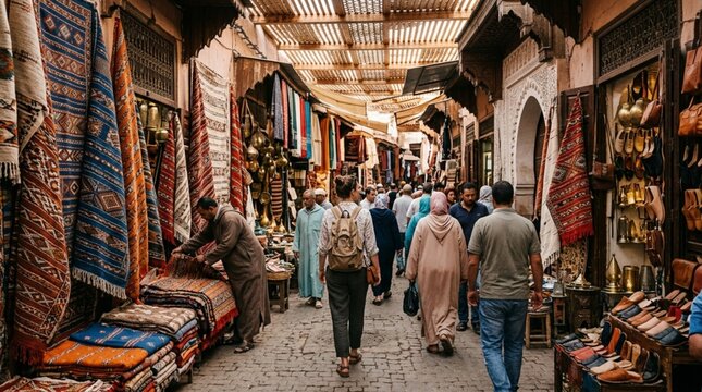 Bustling Traditional Souk Marketplace in Marrakesh Medina with Colorful Moroccan Rugs and Textiles