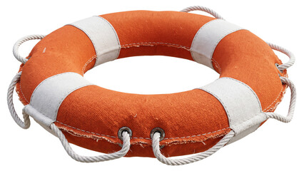 Worn orange lifebuoy ring with white fabric straps isolated on transparent background for marine safety maritime emergency preparedness and water rescue training © ATIQULISLAM