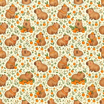 Cute capybara and orange citrus seamless pattern illustration