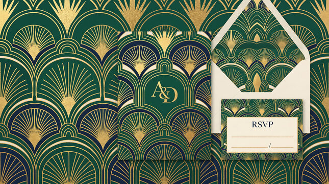 Art Deco Wedding Invitation Suite with Green and Gold Foil Pattern