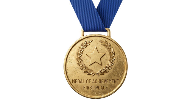Gold medal of achievement with star icon and blue ribbon isolated on transparent background for award recognition success reward and first place competition prize