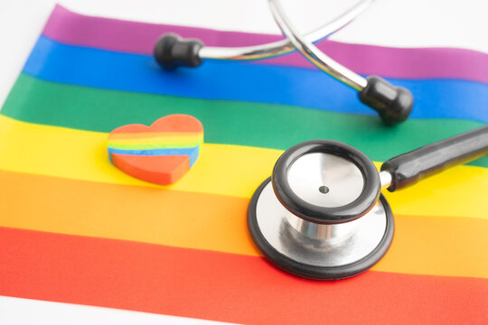 LGBT symbol, Stethoscope on rainbow flag, rights and gender equality, LGBT Pride Month in June.