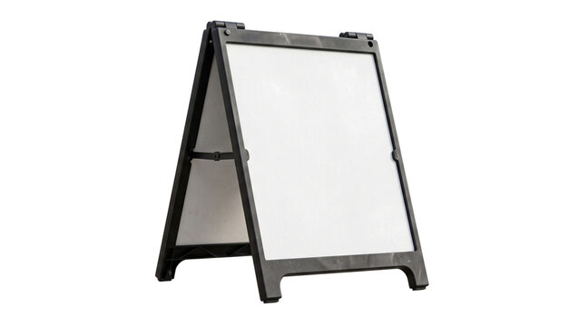 Black A frame sandwich board display sign with blank white screen isolated on transparent background for street advertising menu board sidewalk promotion message