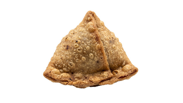 Crispy golden brown samosa showing bubbly fried pastry skin on transparent background perfect for Indian street food promotions and restaurant menu designs