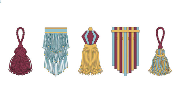 Collection of decorative interior design tassels and fabric fringe elements features intricate braided textures for luxury textile upholstery projects.
