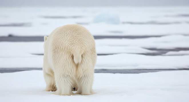 Rear view of a polar bear walking on ice floes in the arctic with the bear's whi