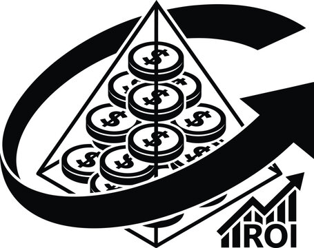 Black and white illustration of a pyramid of coins with a circular arrow and an roi growth chart