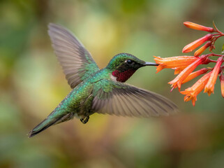 Naklejka premium Colorful hummingbird hovering with rapidly moving wings beside orange trumpet flowers while feeding on nectar in a soft natural garden