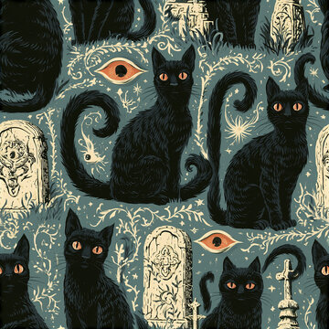 Black cat pattern with orange eyes and mystical eyes, spooky graveyard with tombstones and stars, magical Halloween design