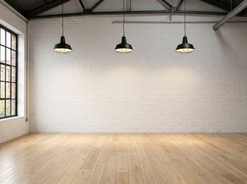 Spacious empty industrial loft interior with white brick wall wooden floor large window and three black pendant lights
