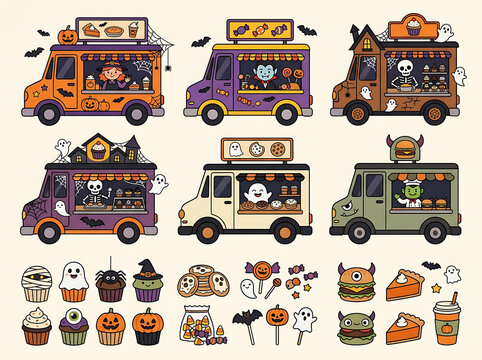 Colorful halloween food trucks and sweets vector illustration on a pale orange background