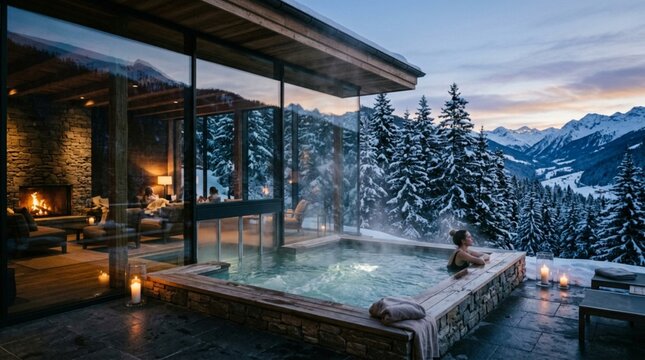Woman Relaxing in Luxury Outdoor Hot Tub at Winter Spa Resort with Snowy Mountain View at Sunset