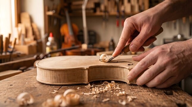 Skilled hands shaping a violin's wooden body in a warm sunlit craft workshop