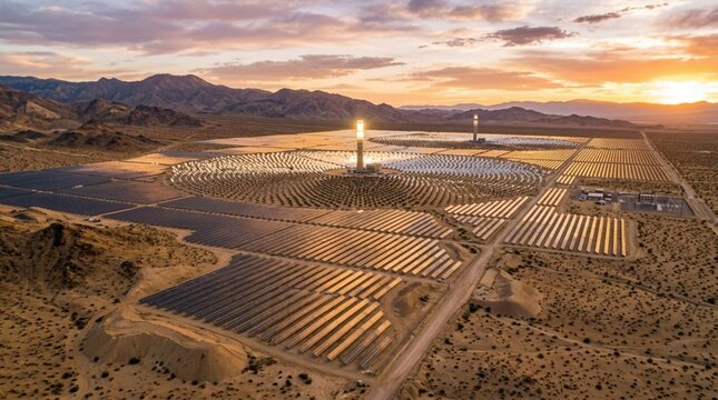 Aerial View of Concentrated Solar Power Plant and Photovoltaic Panels in Desert Landscape at Sunset