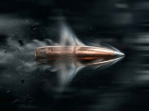 High speed copper bullet flying through a smoky dark background with visible shockwave motion blur and dramatic ballistic energy
