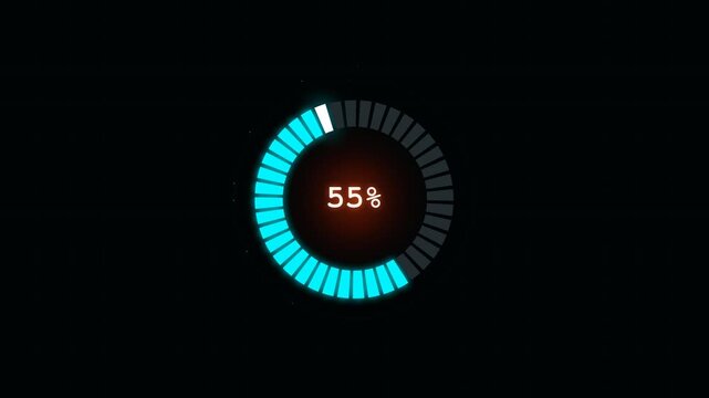Cyan circular loading progress bar showing 44 percent on dark background, representing download, install, and tech loading motion graphic.