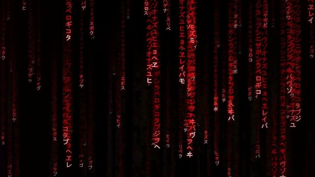 Red falling digital code on black background, representing hacking, cybersecurity, programming, and matrix technology motion graphic.