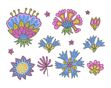 Vibrant Jacobean floral clip art set with folk botanical motifs. Vintage Paisley blooms bundle. Hand drawn vector