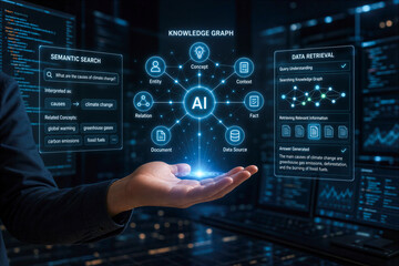 Fototapeta premium Hand presenting AI knowledge graph with semantic search and data retrieval concepts in futuristic tech environment coding screens visualization for knowledge graph and semantic search systems