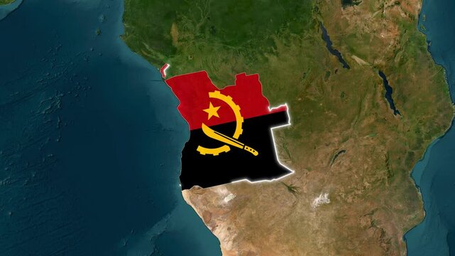 Angola flag overlayed on satellite map of Africa showing motion animation