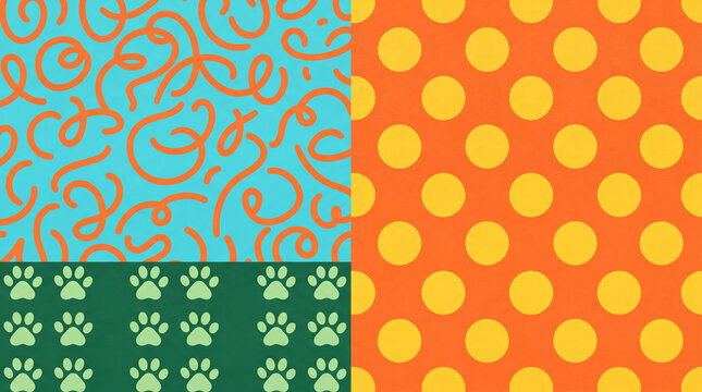 Four distinct graphic patterns, including swirls, dots, and paw prints, on textured backgrounds, offering a playful and versatile design element for various creative projects