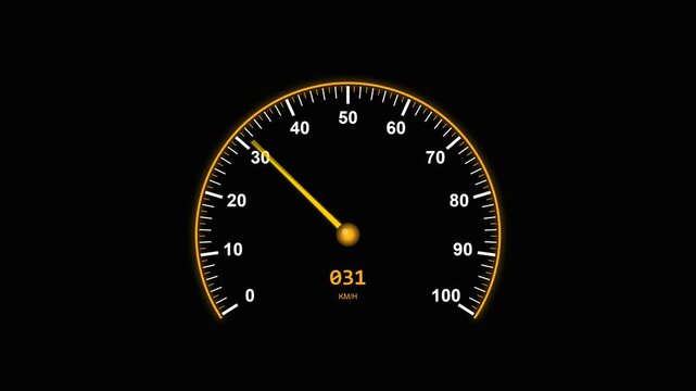Orange digital speedometer gauge showing speed measurement on black background, representing performance, speed test, and dashboard monitoring motion graphic.