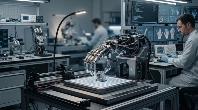 Advanced Robotics Laboratory with Engineer Developing Artificial Intelligence and Bionic Hand Control