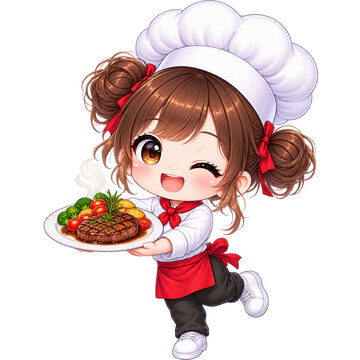 Cute girl chef cook steak