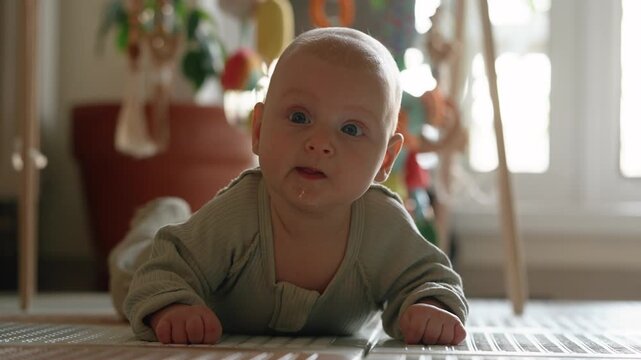Adorable baby boy with big blue eyes enjoying tummy time on a floor mat, looking around curiously with a happy expression and developing neck strength in a sunlit room