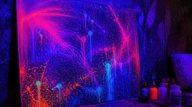 UV-reactive fluorescent paint splatters and drips on rough canvas under blacklight, featuring vibrant neon pink, blue, and orange ink splashes in a dark artistic studio environment.