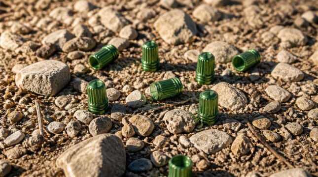 Close-up photo of several bright green anodized aluminum bicycle tire valve caps scattered on rough gravel and rocky ground in natural outdoor sunlight.