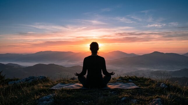 Silhouette of a person meditating on a mountain peak at sunrise with a serene landscape of rolling hills and mist