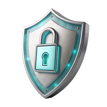 A premium metallic 3D shield icon with a glowing central padlock symbol, cyan and silver finish, smooth claymorphism style, isolated on a solid pure white background