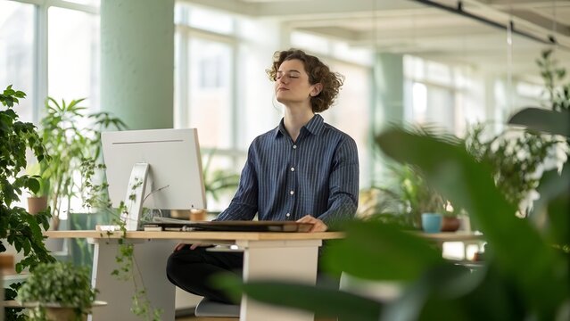 A young professional person meditating calmly at a standing desk in a bright, modern corporate office filled with green plants, tranquil expression, soft diffused sunlight, candid office lifestyle pho