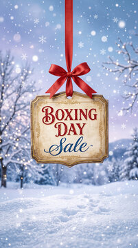 Wooden sign with "Boxing Day Sale" text hangs against a snowy winter scene, symbolizing holiday shopping deals and winter discounts
