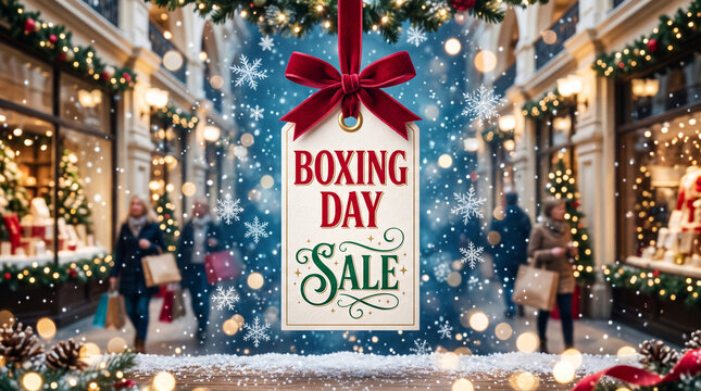 A festive sale tag hangs in a snowy, decorated street, symbolizing winter shopping and discounts.