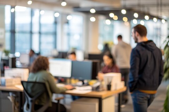 Business office with blurred people casual wear, with blurred bokeh background